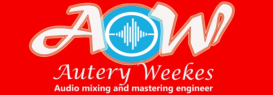 A logo picture illustrating a red background with a blue and white design in the center A and W in white on the side of it and in the bottom mark in white also is Autery Weekes and in the bottom of Autery Weekes is audio mixing and mastering engineer.