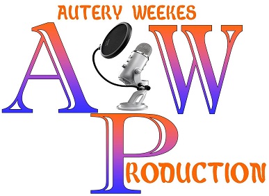 A JPEG image illustrating a design of Autery Weeks production. The A to the left, the W to the right, the P at the bottom center, and in the middle of the letters A and W is a studio microphone with a pop filter. Also, 'Autery Weekes' is written on top to join with the A and W; 'Production' is merged with the P. The colors are blue and orange with a white background.